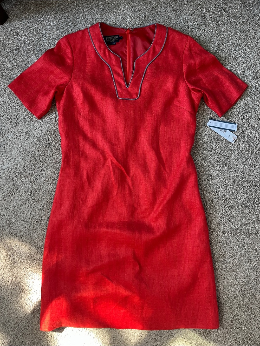 Pendleton Poppy Red 💯% Linen sz4 runs large Shift Dress Grey Piped Notch Collar